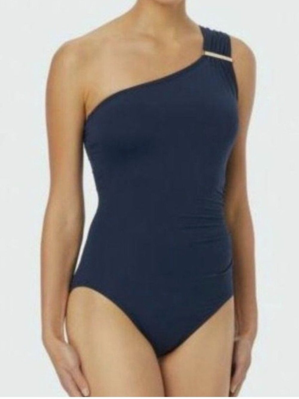 Michael Michael Kors Iconic Solids One-Shoulder One-Piece Swimsuit – Navy Blue